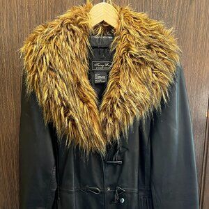 Black Leather Jacket w Faux Fur Collar S